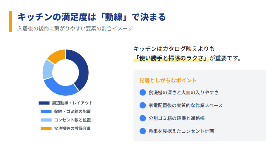 キッチンで後悔しやすいポイントの割合(動線・収納・コンセント・設備容量)と確認すべきチェックリスト