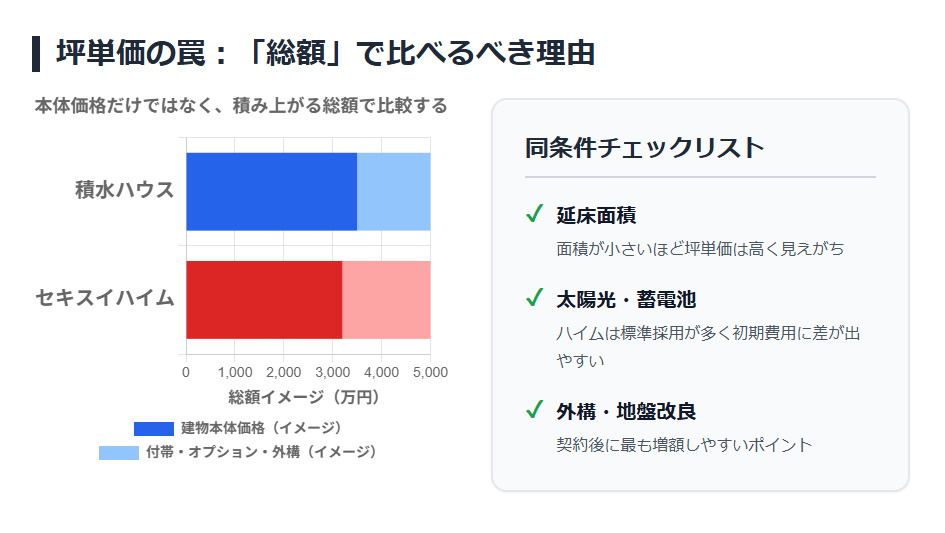 坪単価ではなく、本体価格と付帯費用を含めた総額比較のイメージとチェックリスト
