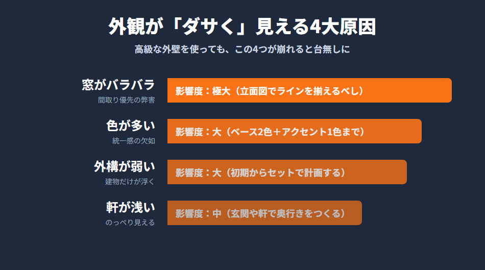 積水ハウスの外観がダサく見える4つの原因（窓のバラつき、色の多さ、外構の弱さ、軒の浅さ）