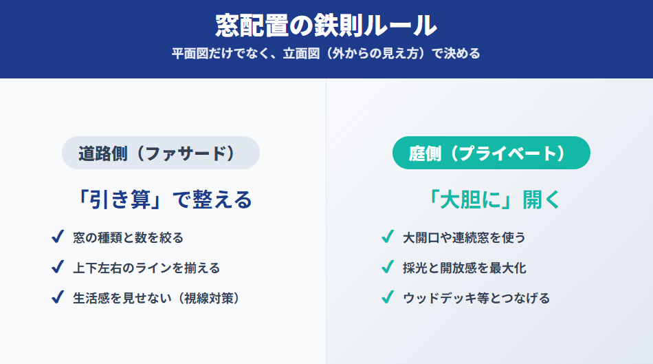 積水ハウスの外観を整える窓配置のコツ（道路側は引き算でラインを揃え、庭側は開放的に開く）
