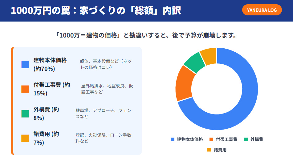 家づくり総額に占める建物本体価格と付帯工事費・外構費・諸費用の割合を示すドーナツグラフ