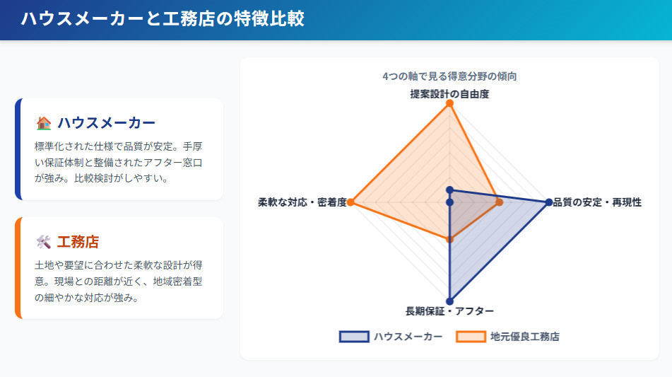 ハウスメーカーと工務店の特徴比較レーダーチャート（提案力・品質・保証・対応力の4軸）