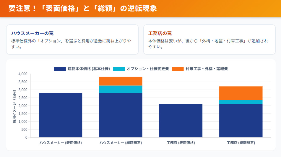 ハウスメーカーと工務店の価格比較グラフ。表面価格と総額（オプション・付帯工事込み）の逆転現象を図解。