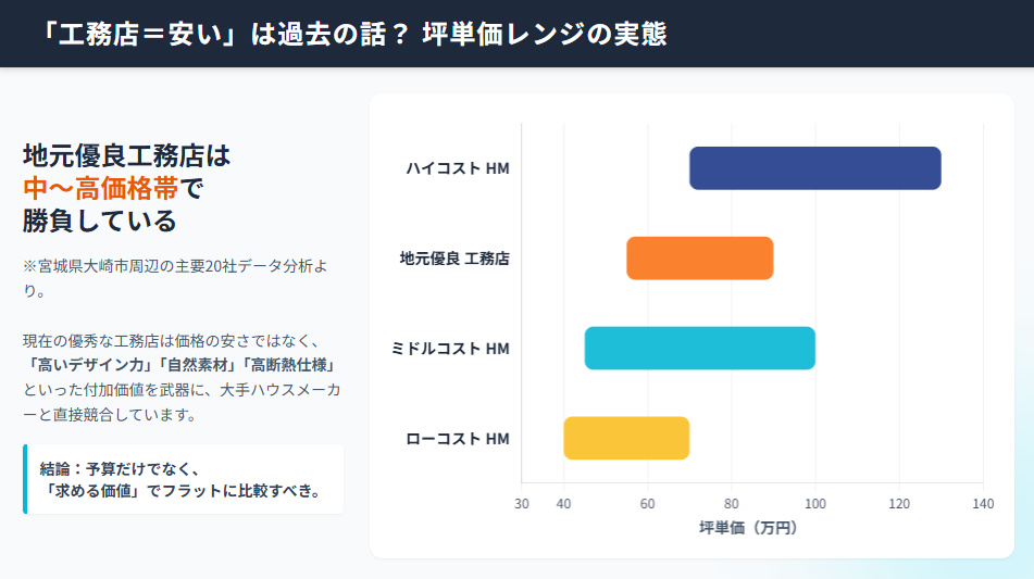 主要ハウスメーカーと地元優良工務店の坪単価レンジ比較表（ローコストからハイコスト帯までの分布）