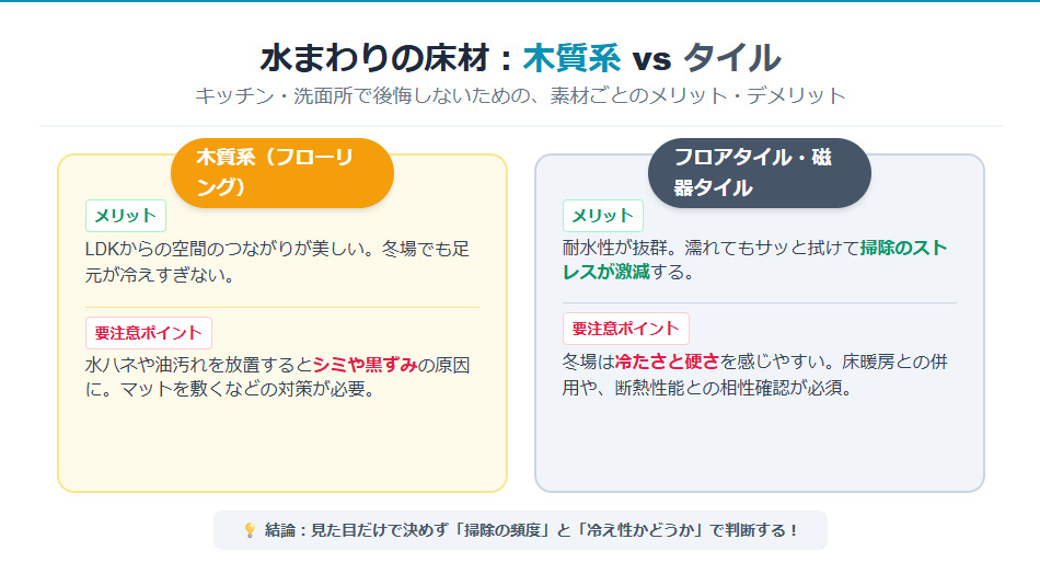 キッチンや洗面所の水まわり床材比較。木質系の注意点とタイルのメリット・デメリット