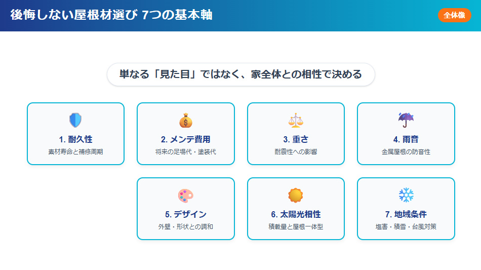 一条工務店の屋根材選びで後悔しないための7つの基本軸（耐久性・メンテ・重さ・雨音・デザイン・太陽光・地域条件）