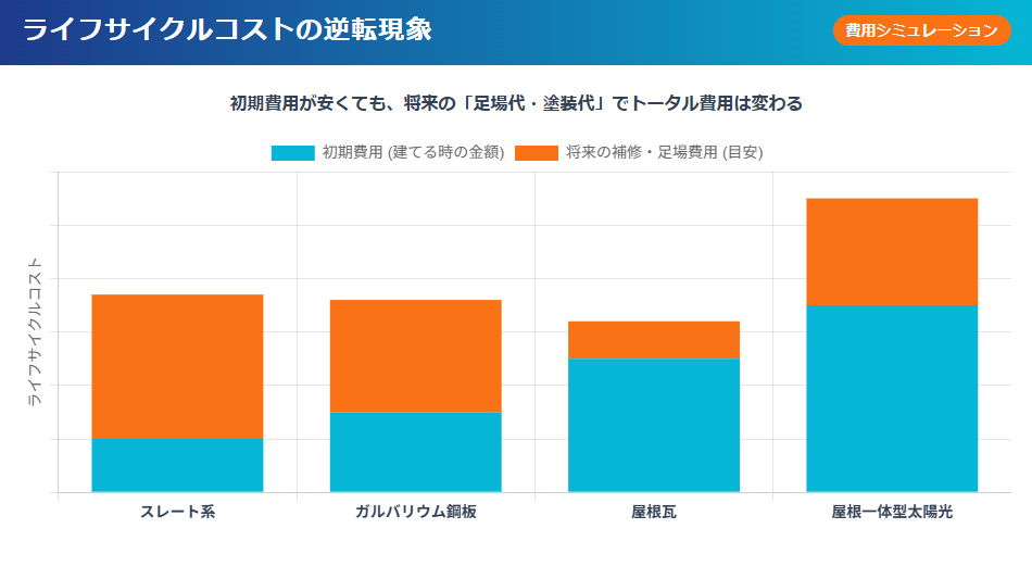 屋根材別のライフサイクルコスト比較。スレート、ガルバリウム鋼板、屋根瓦、太陽光パネルの初期費用と将来の修繕費用の推移