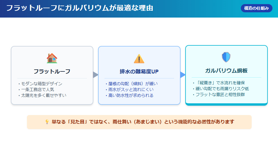 一条工務店のフラットルーフ（緩勾配屋根）にガルバリウム鋼板の縦葺きが選ばれる理由と排水計画の仕組み