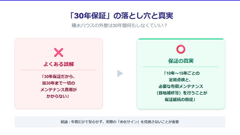 積水ハウスの外壁塗装30年保証の誤解と真実。30年ノーメンテではなく10年〜15年ごとの点検・補修が前提。
