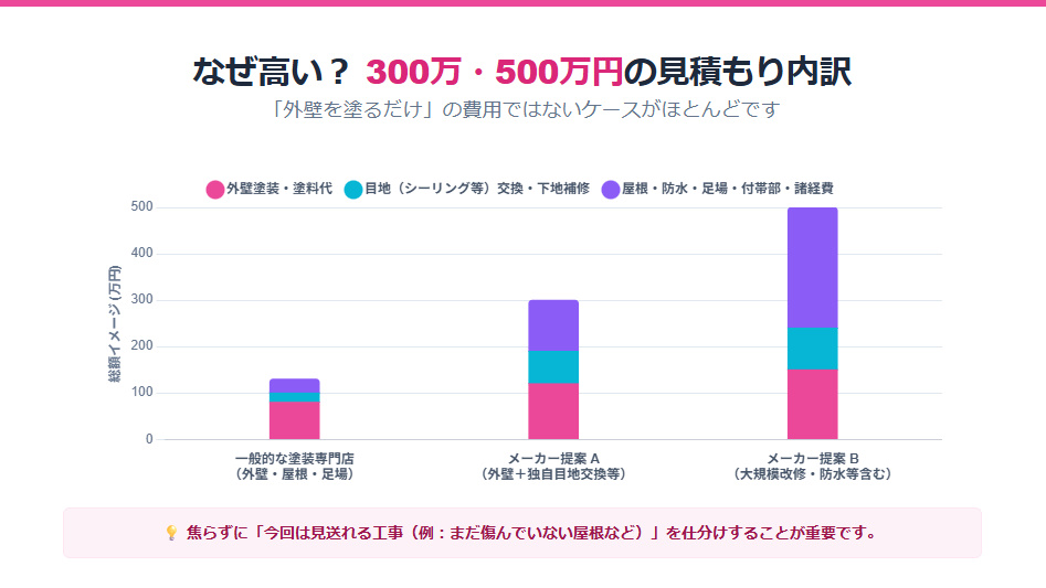 積水ハウスの外壁塗装見積もりが300万円・500万円と高額になる理由と工事内訳（足場・屋根・付帯部・防水込み）の比較グラフ。
