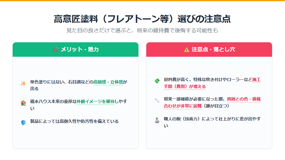 フレアトーンなど高意匠塗料を外壁塗装で選ぶ際のメリット（高級感）と注意点・デメリット（施工費・補修の難しさ）。