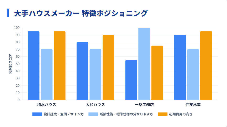 積水ハウス、大和ハウス、一条工務店、住友林業の特徴・強みのポジショニング比較グラフ
