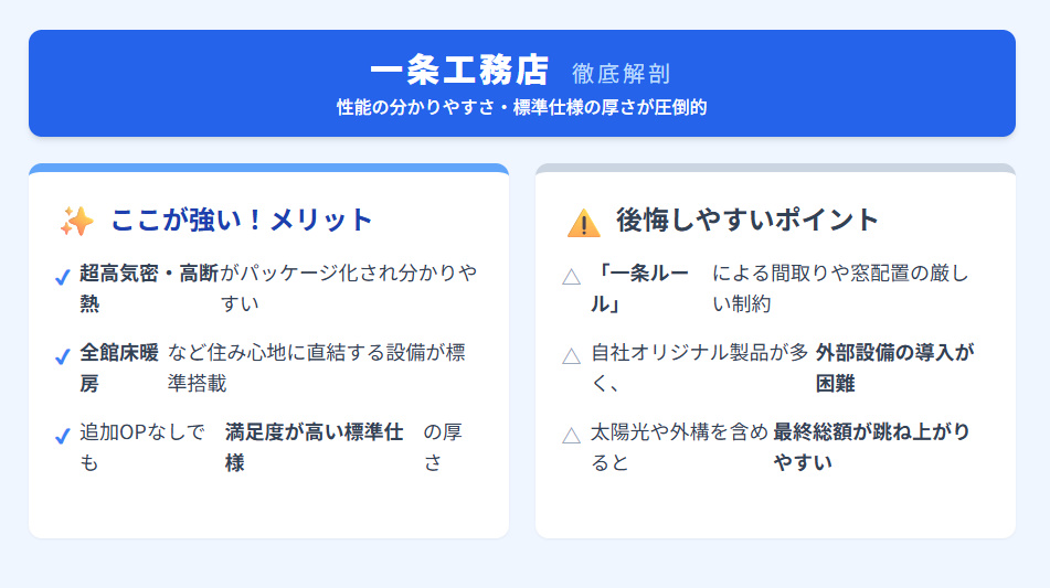 一条工務店の徹底解剖。メリットは超高気密・高断熱のパッケージ化、全館床暖房の標準搭載、高い標準仕様。注意点は一条ルールによる間取り制約、外部設備導入の困難さ、太陽光等を含む総額の高騰。