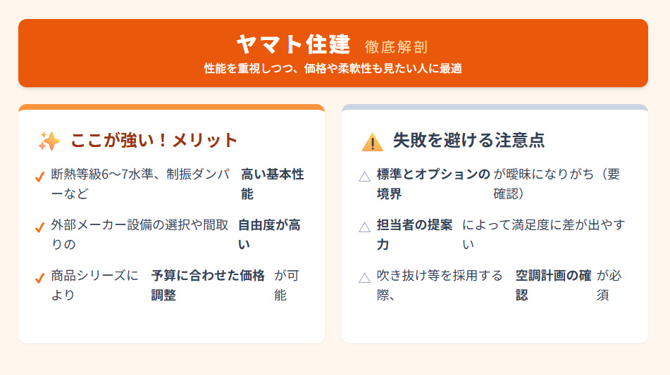 ヤマト住建の徹底解剖。メリットは高い基本性能、外部設備の選択や間取りの自由度、予算に合わせた価格調整。注意点は標準とオプションの境界の確認、担当者の提案力への依存、空調計画の必要性。