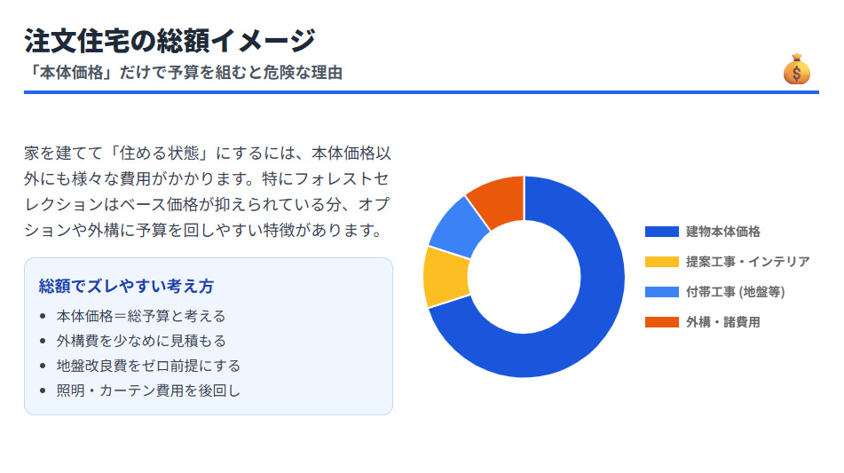 住友林業フォレストセレクションの総額イメージ構成比。本体価格だけでなく、付帯工事や外構工事、オプション費用が含まれることを示す円グラフ。