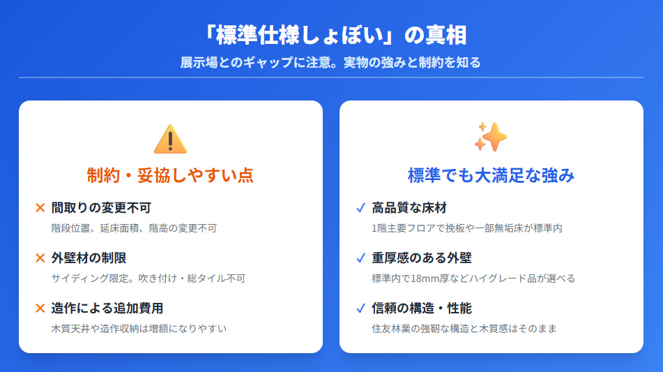 フォレストセレクション標準仕様の強みと妥協しやすい点の比較。1階挽板床や厚みのある外壁が強みである一方、間取り変更不可やサイディング限定などの制約がある。