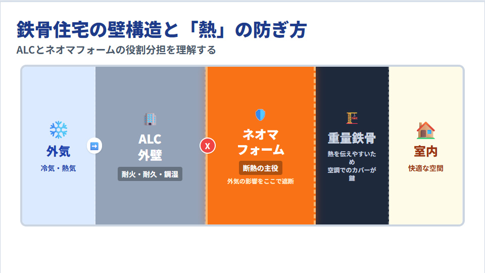 ヘーベルハウスの壁の断熱構造。外壁ALCと断熱材ネオマフォームの役割分担