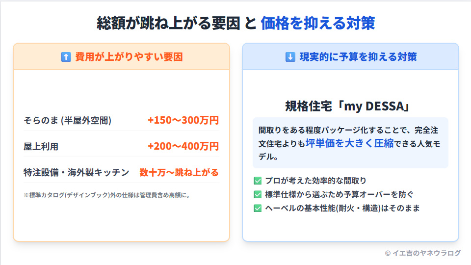 ヘーベルハウスで費用が上がる人気オプション(そらのま・屋上)と価格を抑える規格住宅マイデッサ