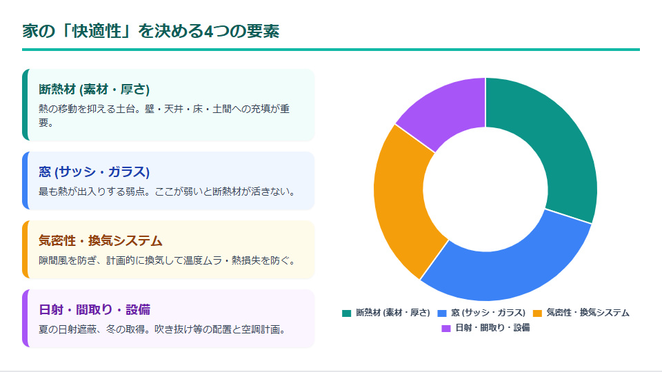 一条工務店の家の快適性を決める要素の割合(断熱材、窓・サッシ、気密・換気、日射・間取り)