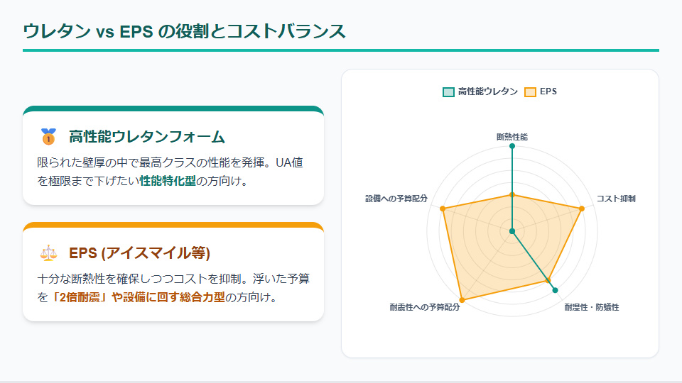 高性能ウレタンフォームとEPSの特徴比較レーダーチャート(断熱性能、コストパフォーマンス、耐震・構造への配分など)