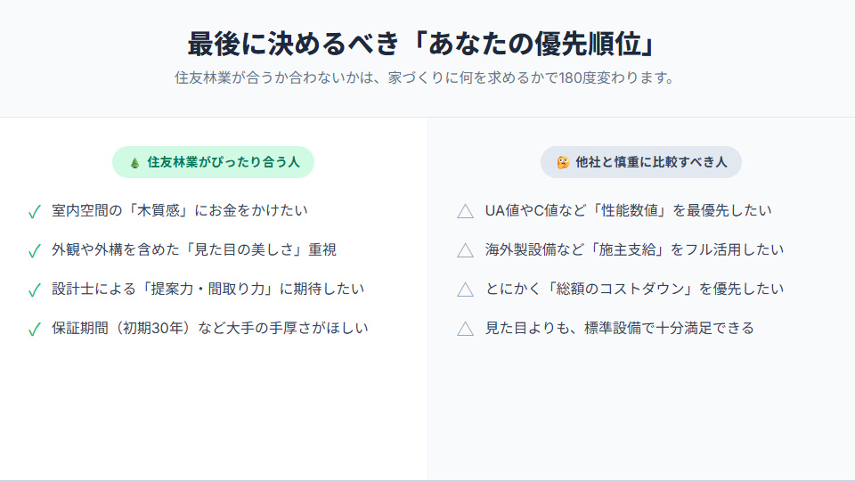 住友林業が合う人と他社を含めて慎重に検討すべき人の優先順位の違い