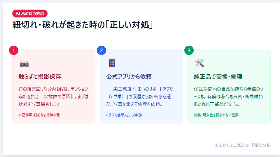 ハニカムシェードが破れたり紐が切れたりしたときの、無理なDIY修理を避ける正しい対処手順
