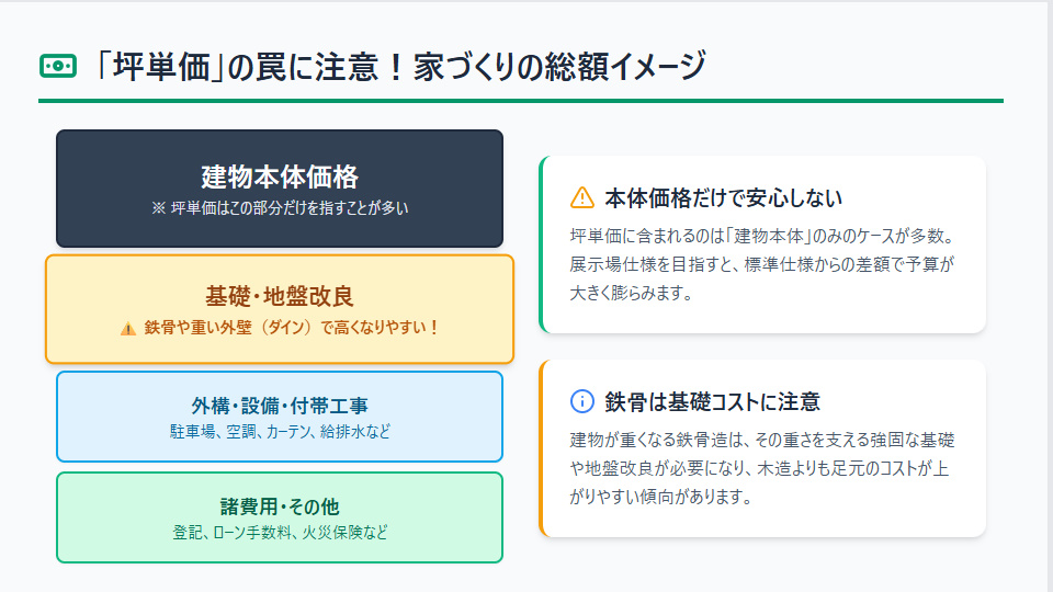 ハウスメーカーの坪単価の罠を図解。建物本体価格だけでなく、基礎・地盤改良や付帯工事、外構を含めた総額費用の内訳イメージ