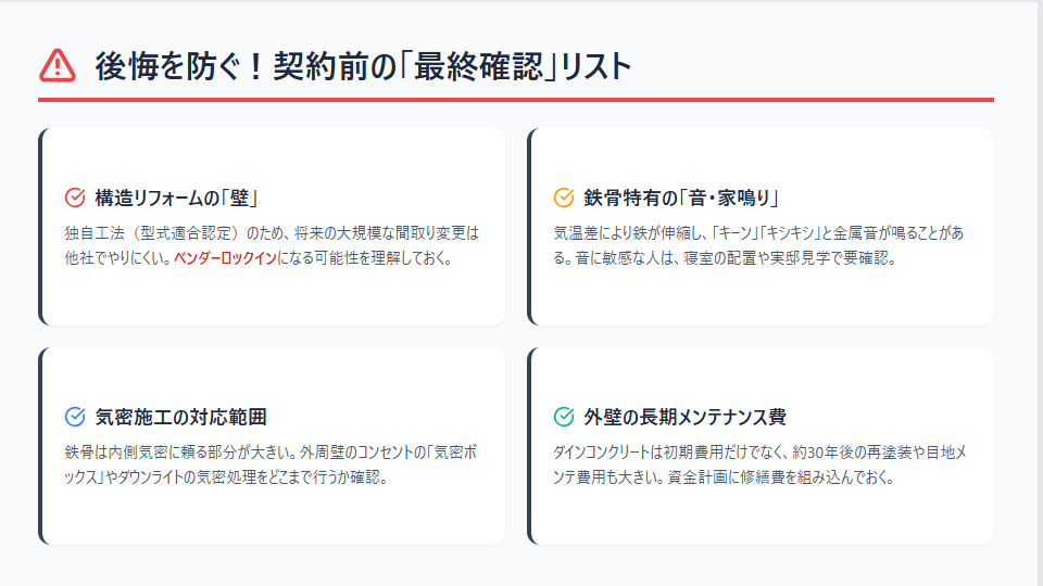 積水ハウス鉄骨住宅で後悔しないための契約前確認リスト。ベンダーロックイン、家鳴り、気密施工、外壁メンテナンス費用の注意点