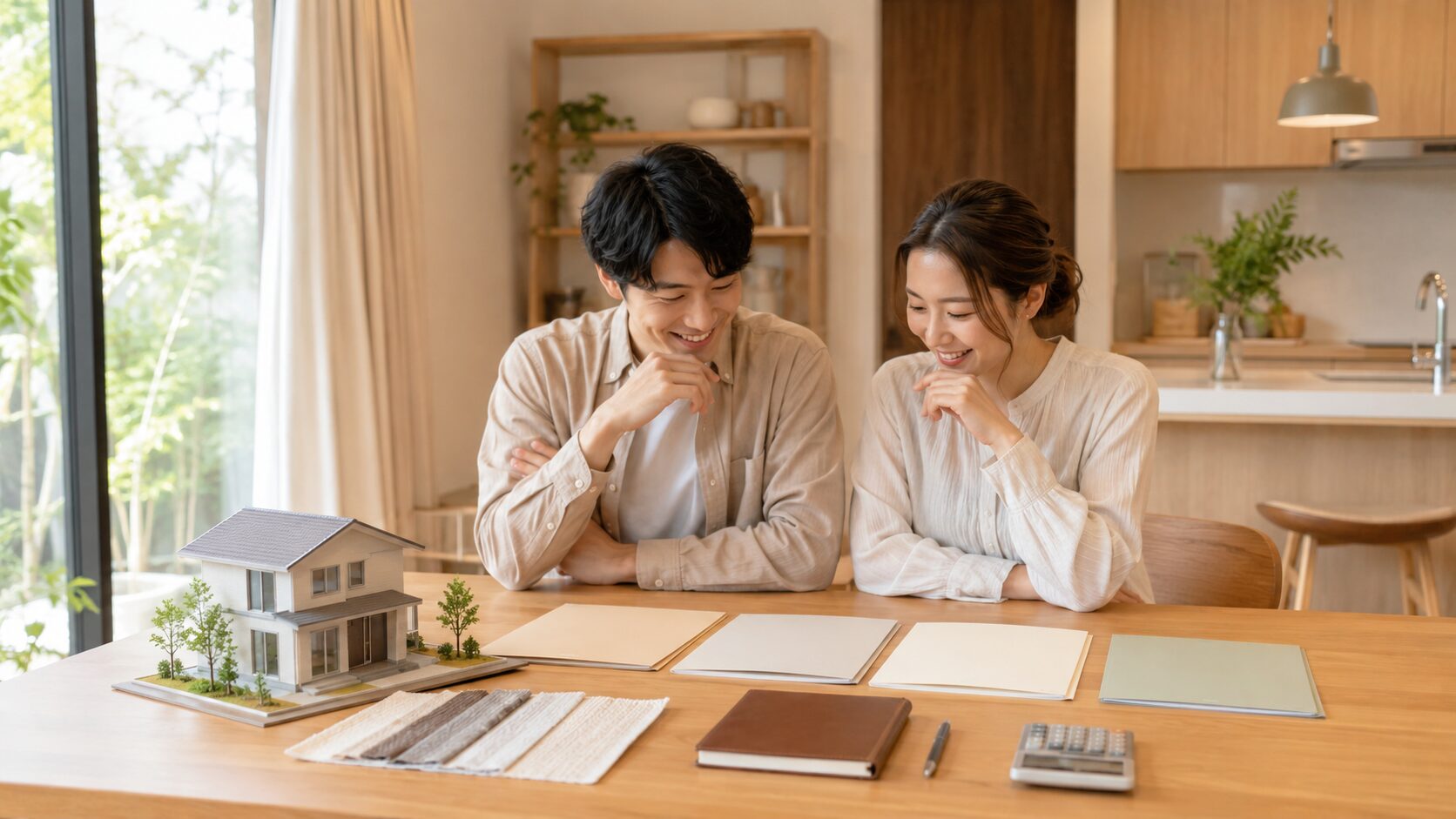 ハウスメーカー紹介制度と相談サービスの使い分けを整理した夫婦と住宅模型
