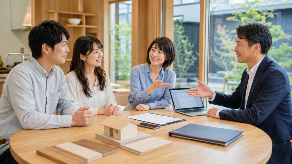住友林業のオーナー紹介制度について担当者から説明を受ける日本人夫婦