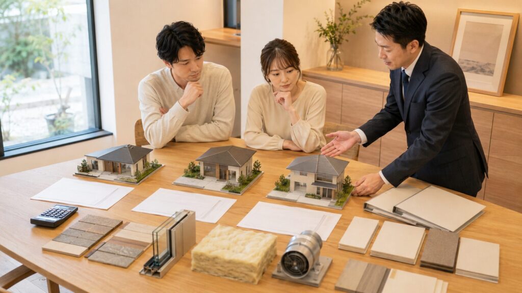 アイ工務店の見積もり総額と住宅性能を比較する日本人夫婦