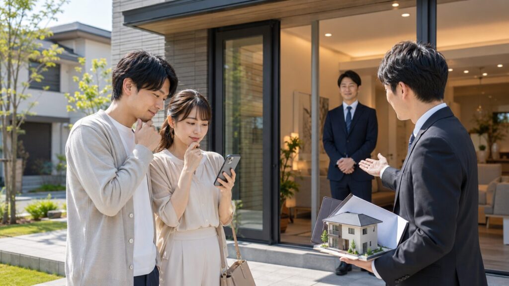 住宅展示場へ行く前に紹介登録と担当者決定を確認する日本人夫婦