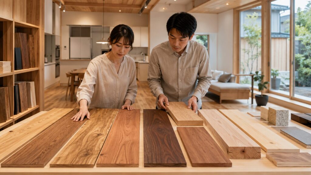 木の家の無垢床や板張り天井を比較する日本人夫婦