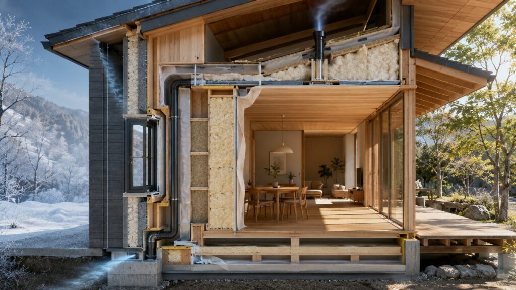 木造住宅の断熱材と気密層と通気層の断面構造