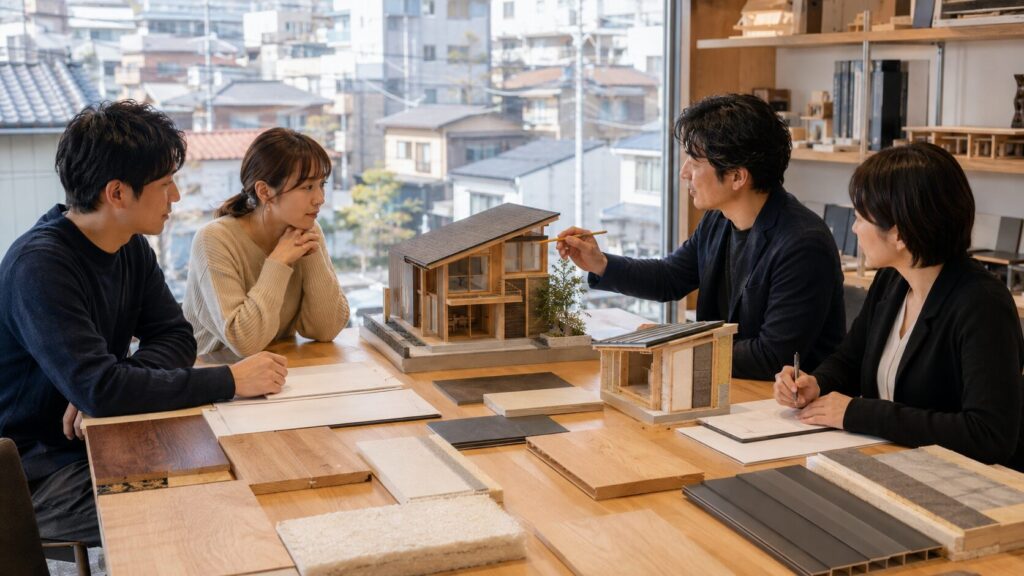 木の家の設計と見積もりを担当者に相談する日本人夫婦
