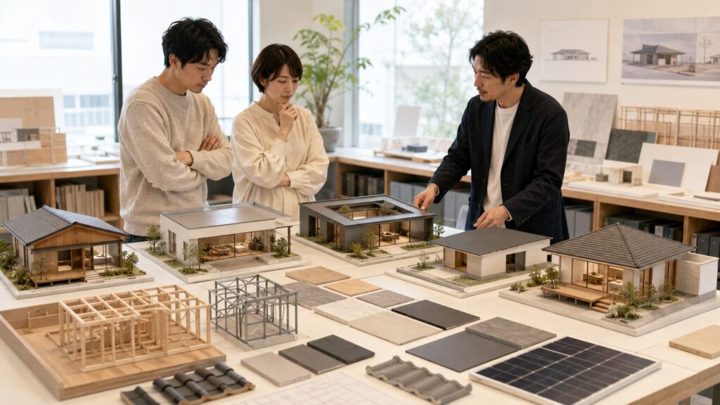 平屋ハウスメーカーの屋根や構造を比較する住宅模型