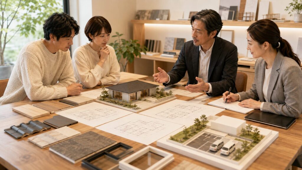 平屋の経験がある担当者と相談する日本人夫婦