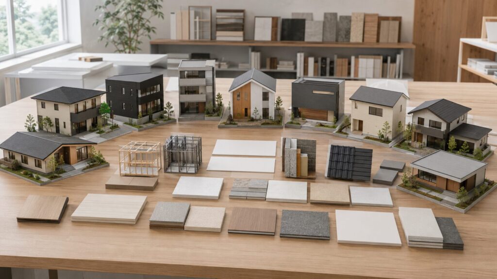 構造や設計の異なる大手ハウスメーカーの住宅を比較する模型