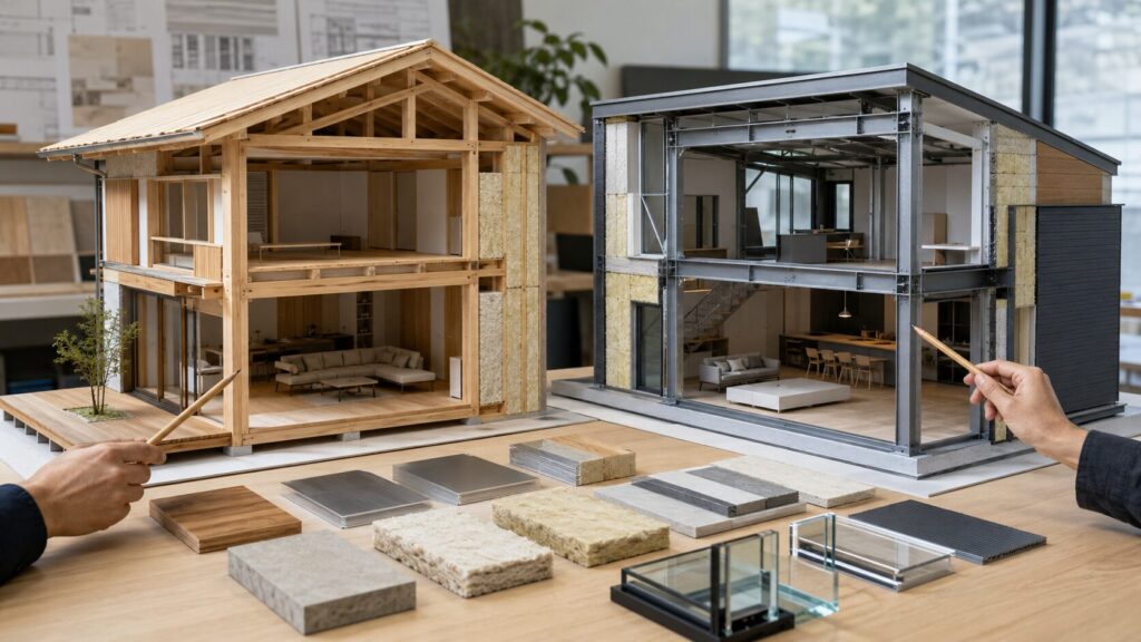 木造住宅と鉄骨住宅の構造や間取りの違いを比較する模型