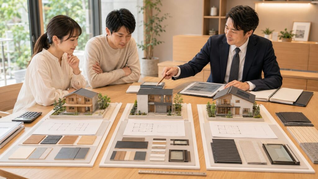 複数のハウスメーカーの間取りと総額を担当者と比較する日本人夫婦