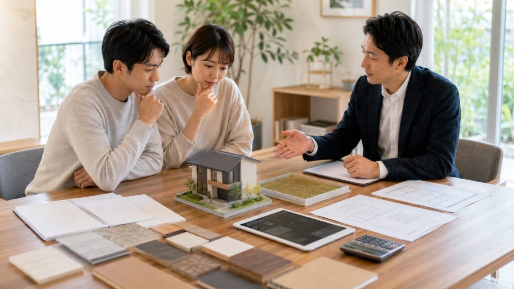土地契約前に重要事項と建築条件を確認する日本人夫婦と専門家