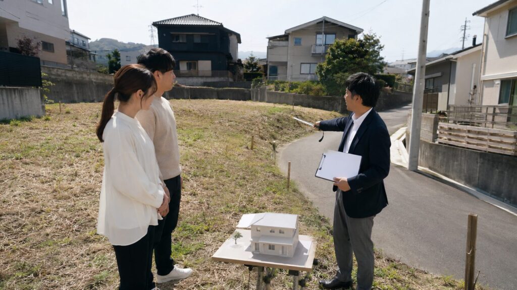 候補地で接道や高低差と建物配置を確認する日本人夫婦と住宅担当者