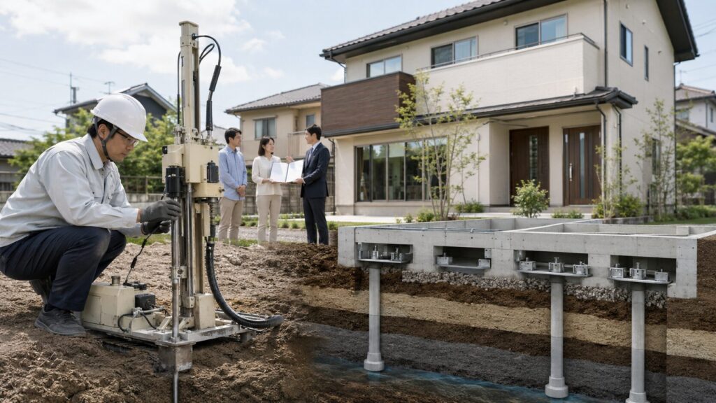 地盤調査と制震構造や地震保証を確認する日本人の住宅購入者