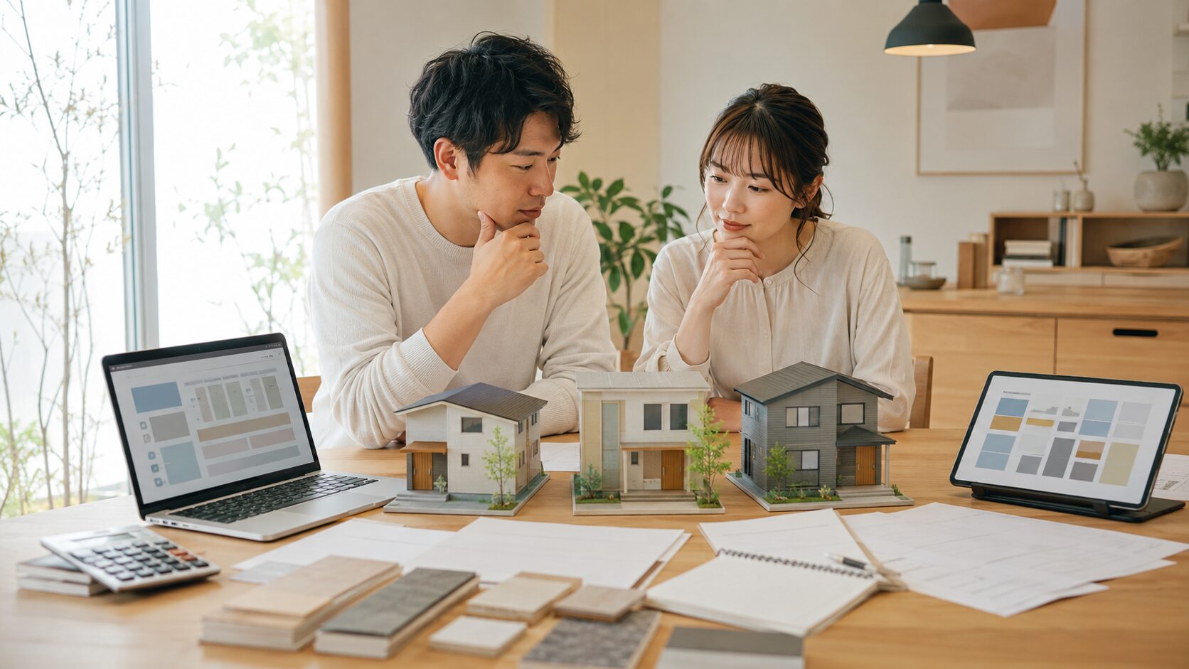 ローコストハウスメーカーの価格や標準仕様を比較する日本人夫婦