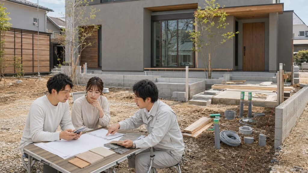ローコスト住宅の外構や付帯工事による追加費用を確認する日本人夫婦