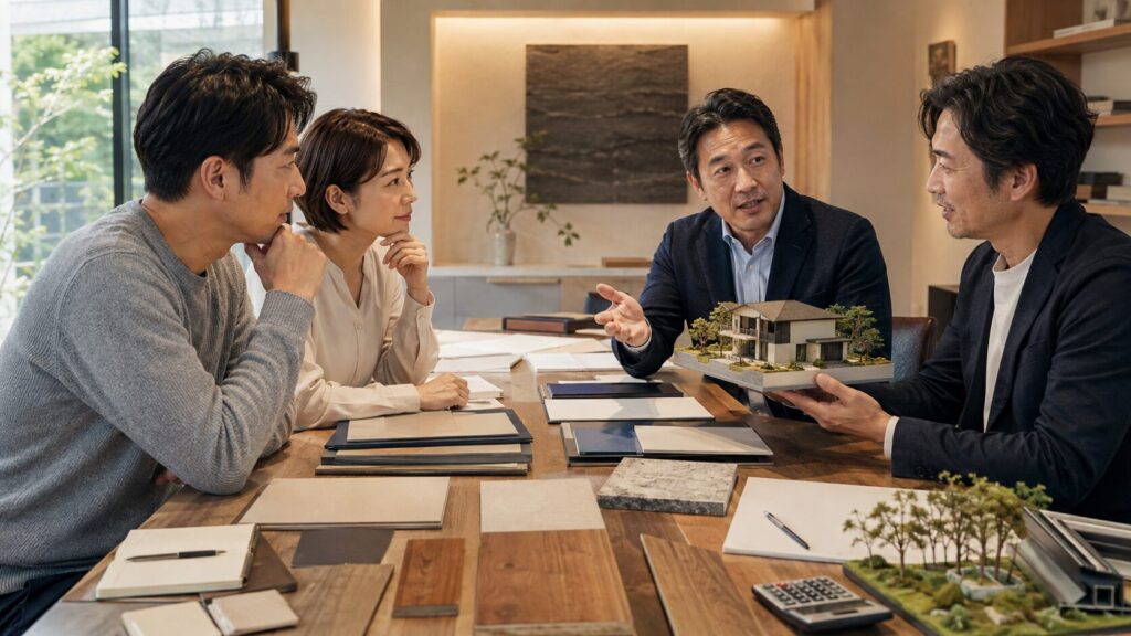 高級ハウスメーカーの担当者と設計提案の相性を確認する日本人夫婦