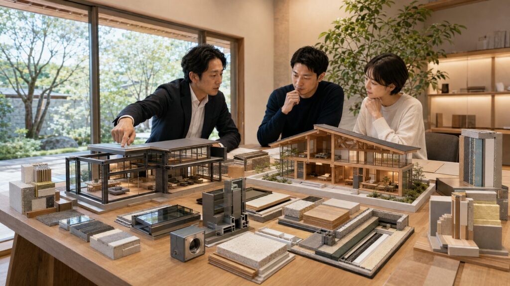 高級住宅の鉄骨構造と木造構造や断熱性能を比較する相談風景