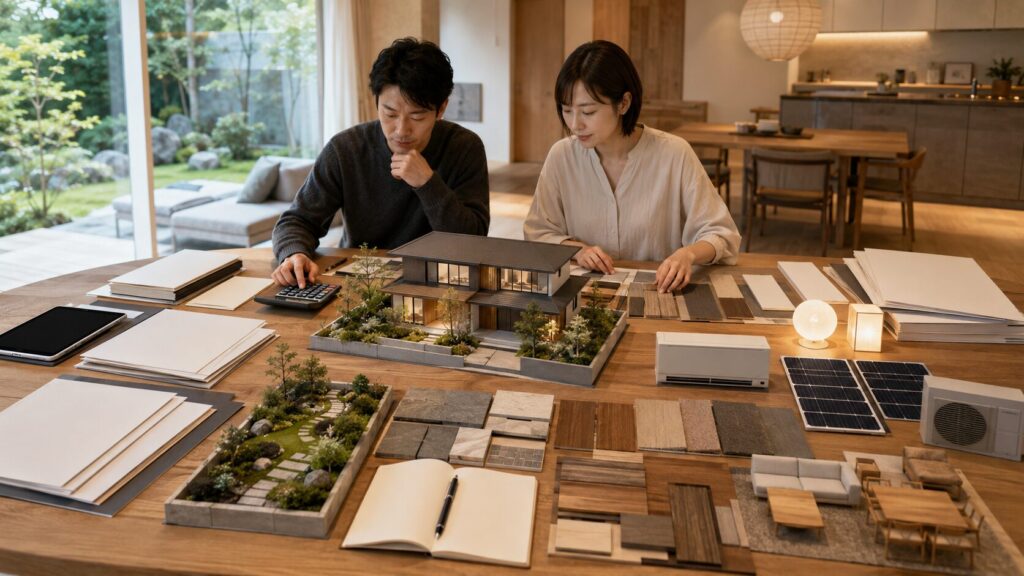 高級ハウスメーカーの坪単価と外構を含む総額を確認する日本人夫婦