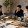 高級ハウスメーカーの住宅模型と提案内容を比較する日本人夫婦