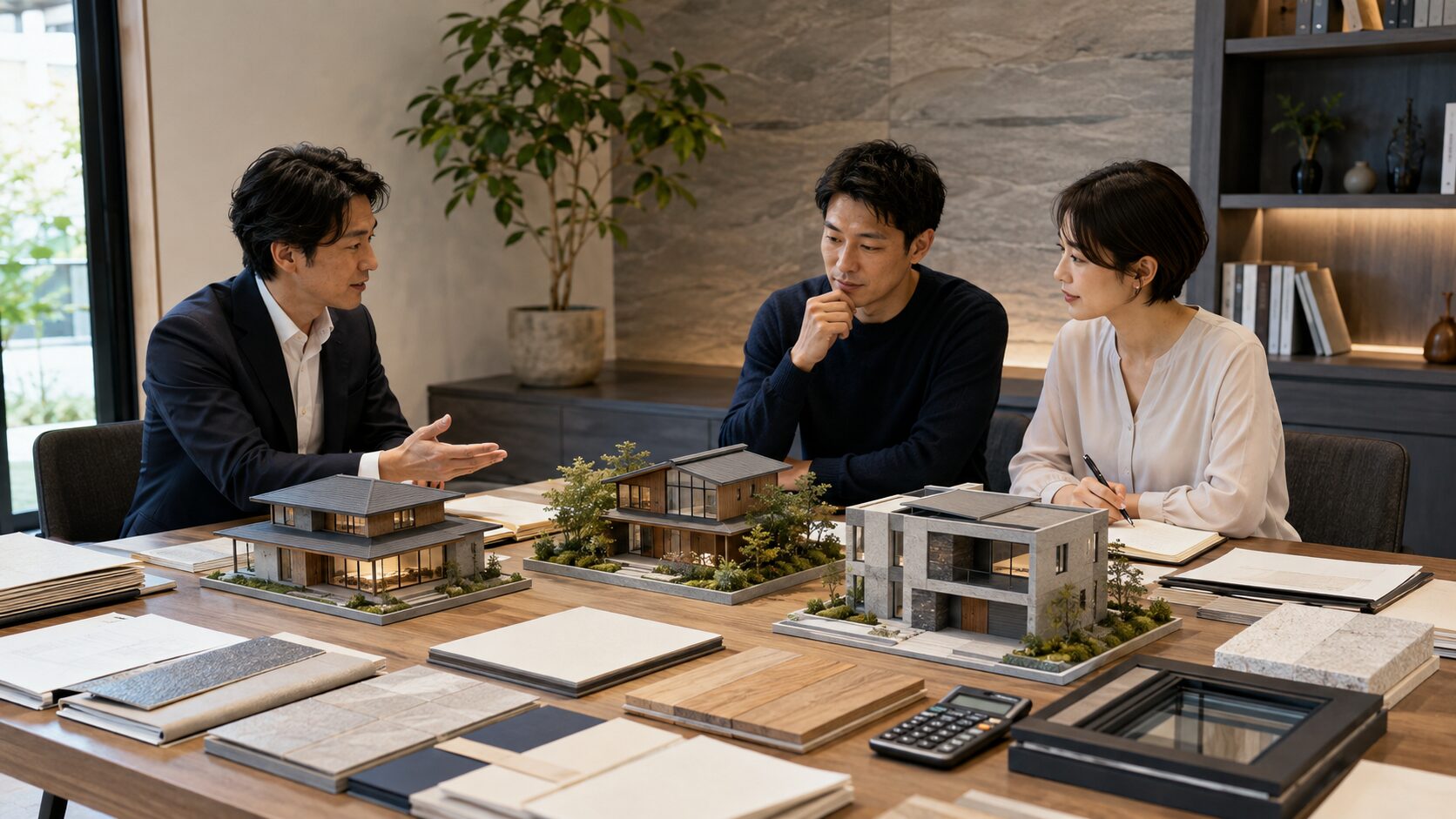 高級ハウスメーカーの住宅模型と提案内容を比較する日本人夫婦